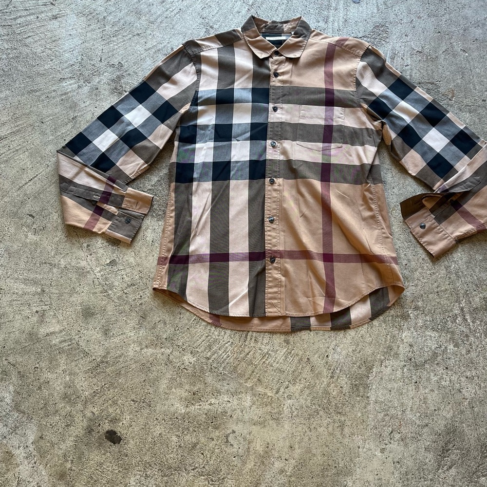 Burberry Tan & Black Plaid Cotton Button-Down Shirt
